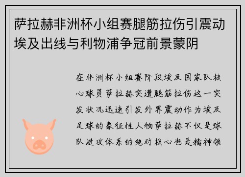 萨拉赫非洲杯小组赛腿筋拉伤引震动埃及出线与利物浦争冠前景蒙阴 萨拉赫非洲杯小组赛腿筋拉伤引震动埃及出线与利物浦争冠前景蒙阴