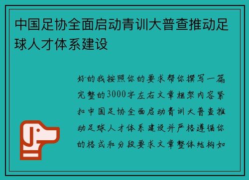 中国足协全面启动青训大普查推动足球人才体系建设